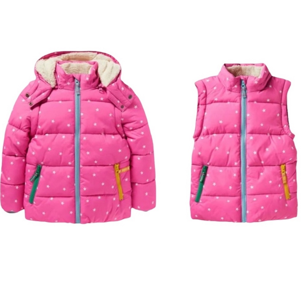 Boden Girl's Pink Star Print Hooded Puffer Jacket/Vest size 4/5 yrs